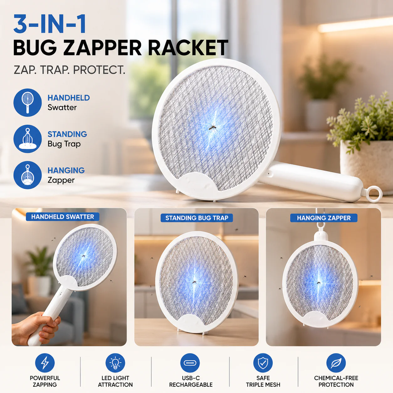 3-in-1 Rechargeable Bug Zapper Racket - Image 3