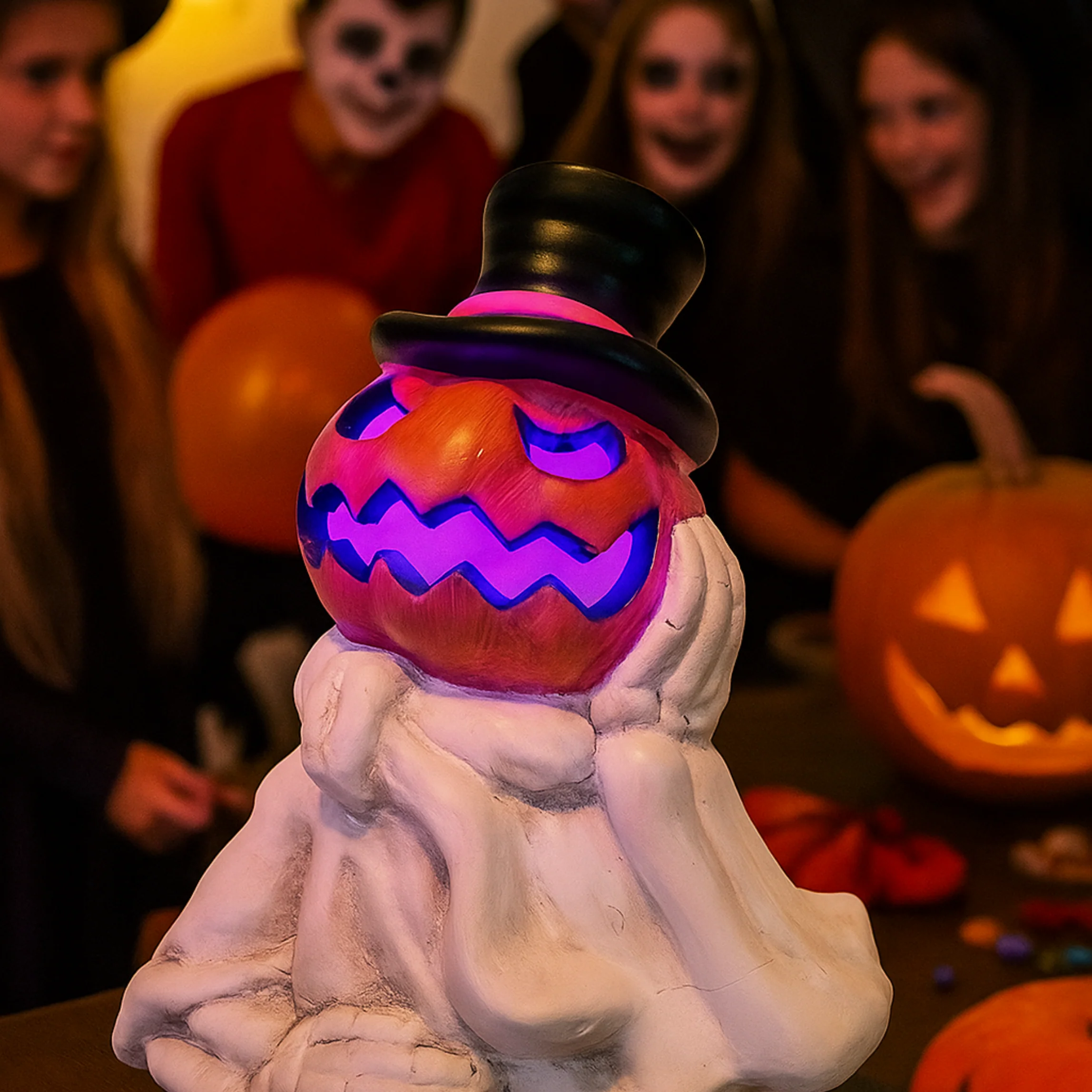iN LED Colour Changing Ceramic Halloween Pumpkin Skeleton – Light-Up Halloween Decoration - Batteries Included – 19x17cm – Indoor Party Décor Ornament - Image 2