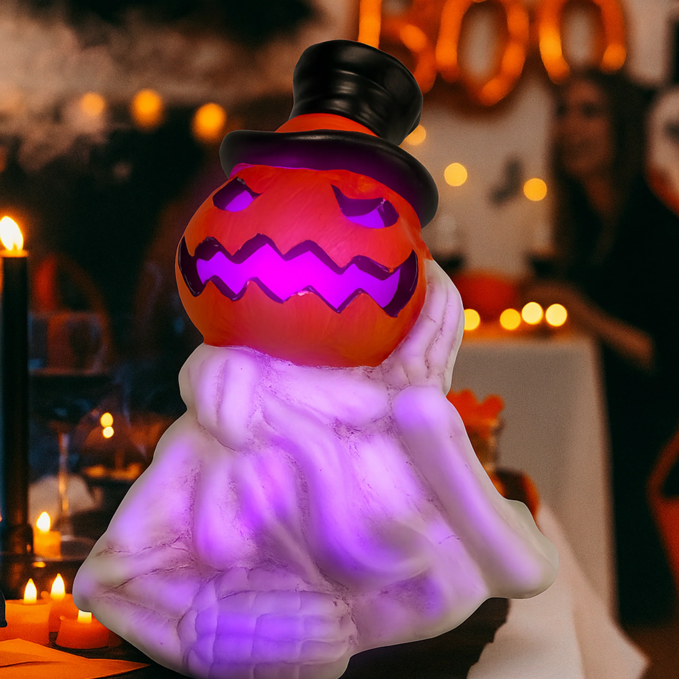 iN LED Colour Changing Ceramic Halloween Pumpkin Skeleton – Light-Up Halloween Decoration - Batteries Included – 19x17cm – Indoor Party Décor Ornament - Image 3