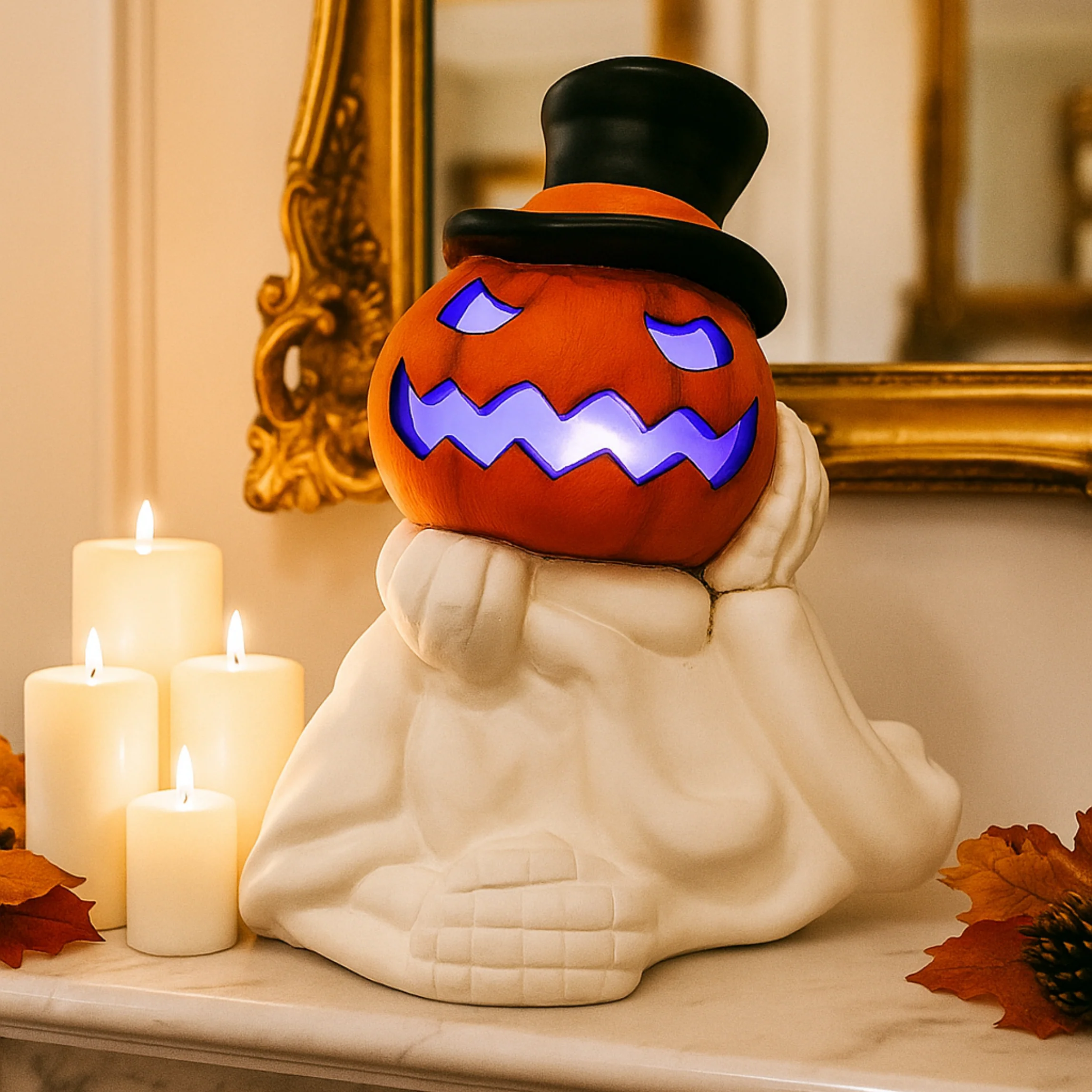 iN LED Colour Changing Ceramic Halloween Pumpkin Skeleton – Light-Up Halloween Decoration - Batteries Included – 19x17cm – Indoor Party Décor Ornament - Image 4