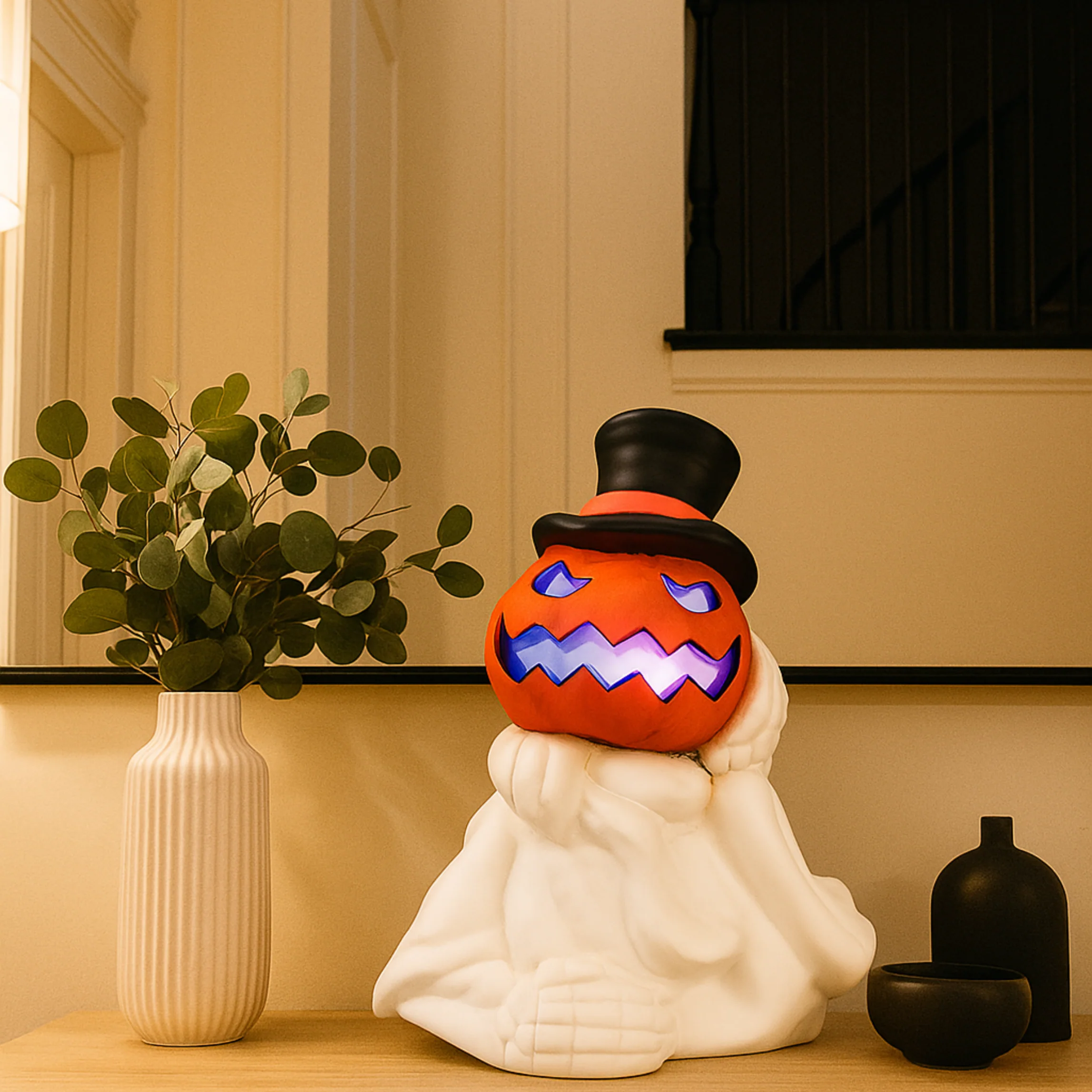 iN LED Colour Changing Ceramic Halloween Pumpkin Skeleton – Light-Up Halloween Decoration - Batteries Included – 19x17cm – Indoor Party Décor Ornament - Image 6