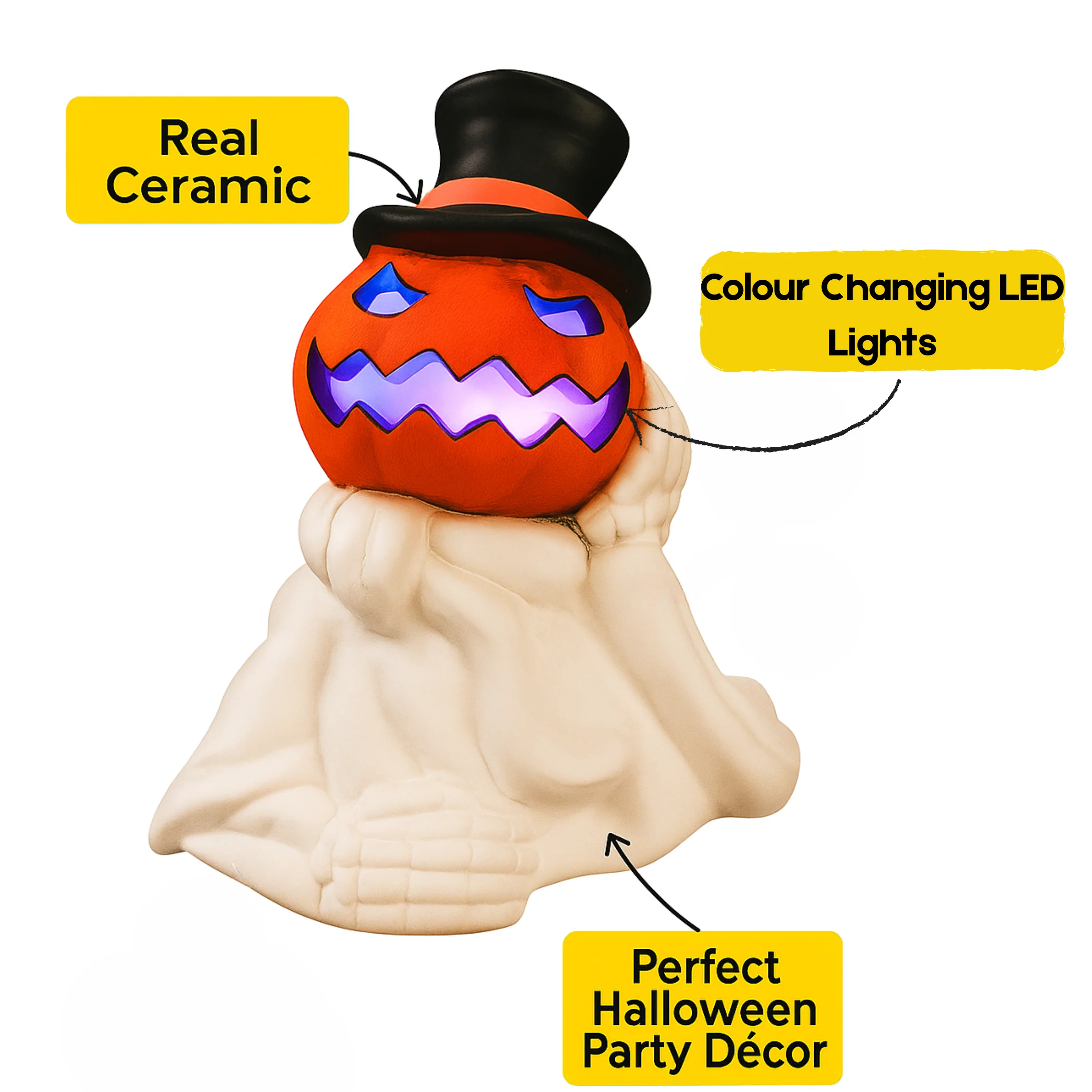 iN LED Colour Changing Ceramic Halloween Pumpkin Skeleton – Light-Up Halloween Decoration - Batteries Included – 19x17cm – Indoor Party Décor Ornament - Image 9