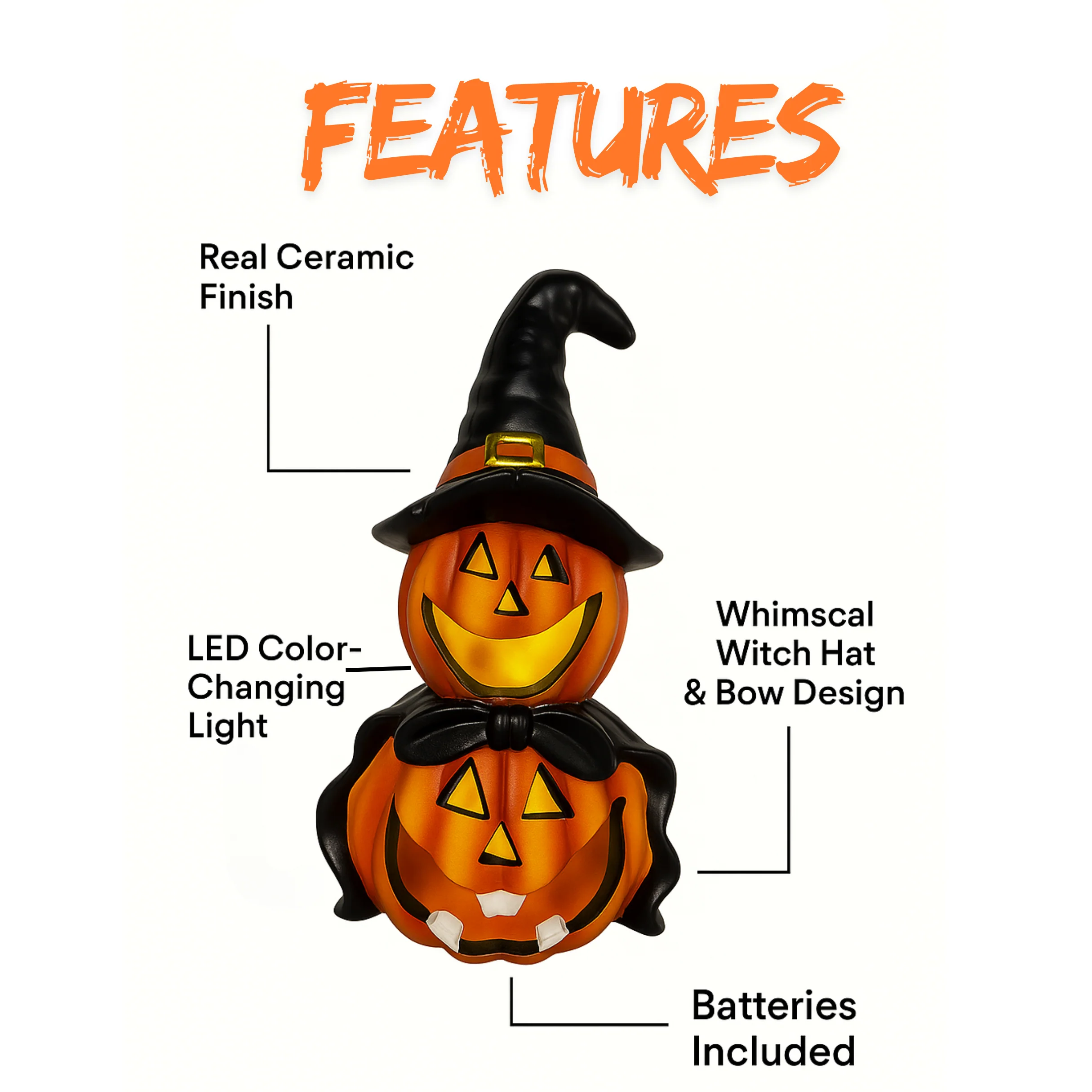 LED Colour Changing Ceramic Halloween Witch Pumpkin – Real Ceramic Halloween Decoration with Batteries Included – Indoor & Outdoor Use – 24x14cm Party Ornament - Image 3